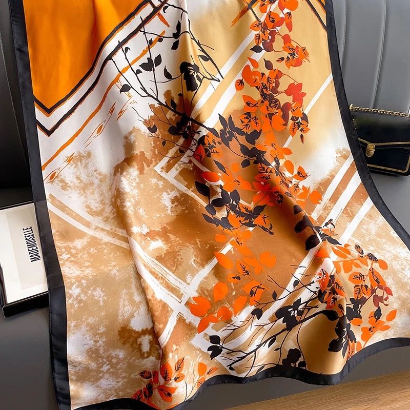 Lustrous Orange Printed Silk Scarf