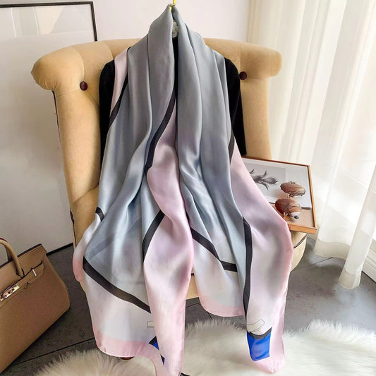 Pink Blue Square Printed Silk Scarf