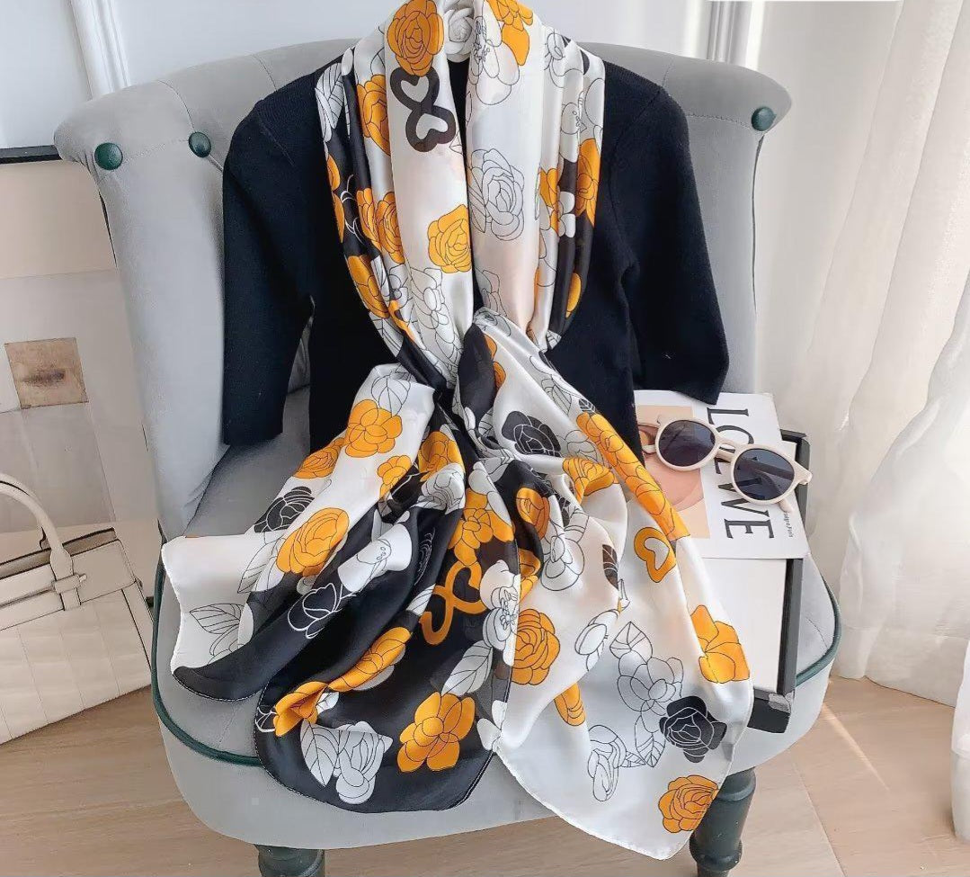 Yellow and Black Roses Printed Silk Scarf